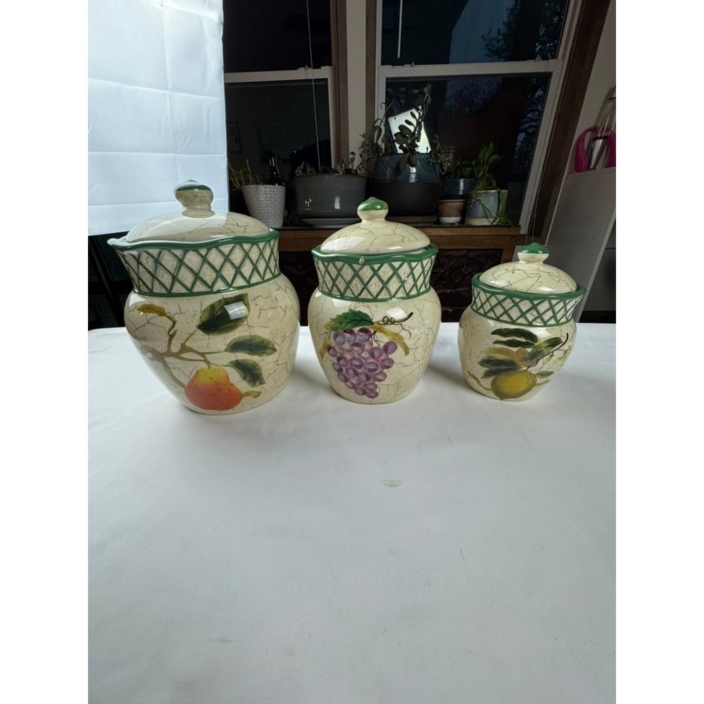 Raymond Waites Fruit Lattice Canisters w/ Lid Set 3pc Fruit Hand Painted Glaze